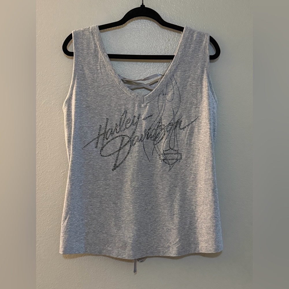 Harley-Davidson Heather Gray Lace-Up Back Tank Top - Size 1W (Plus)